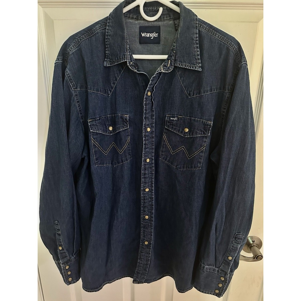 Wrangler Western Denim Brass Snap Shirt Mens Dark Denim W Pockets XL